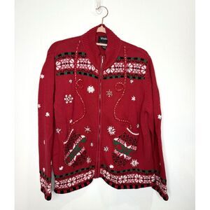 VTG Designer Originals Large Petite Christmas‎ Cardigan 3D Knit Holiday Red Zip
